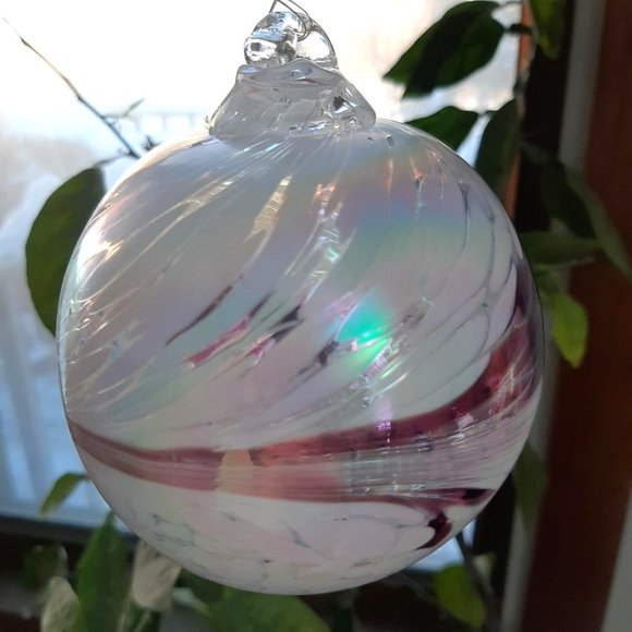 Hanging Glass Ball 4" Diameter Frosted White AB with Purple Swoosh 19HB3 - Picture 2 of 2